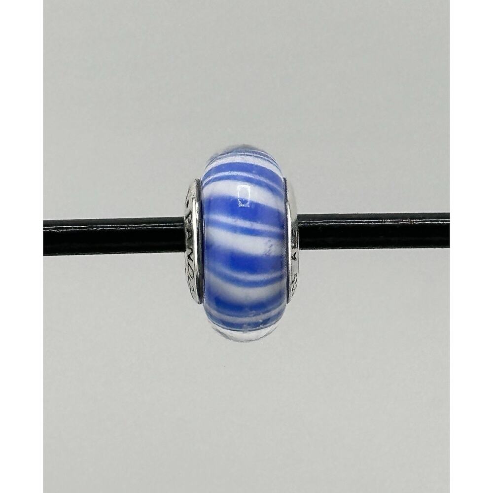 PANDORA " Blue Candy Stripes" #790611 Blue Murano Glass SS Bead Retired